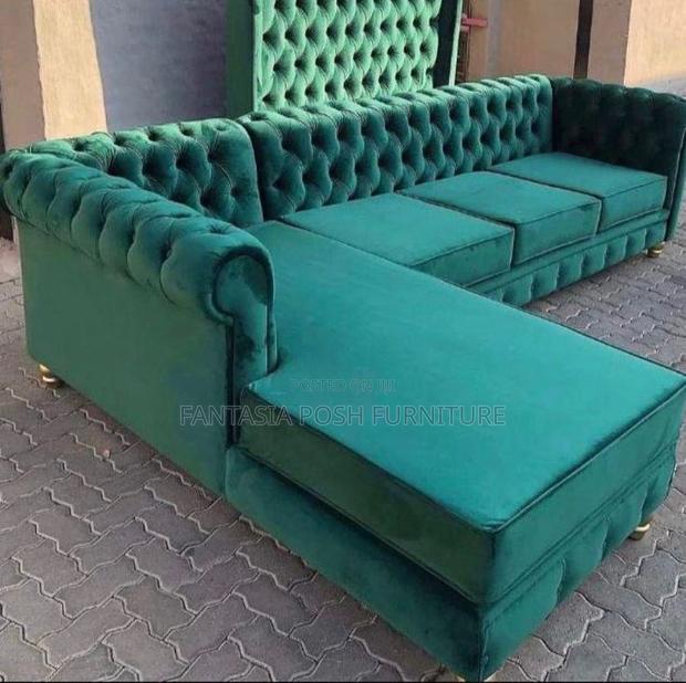L-Shaped Sofa-- Green Tufted