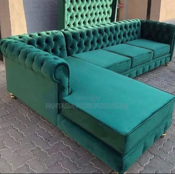 L-Shaped Sofa-- Green Tufted