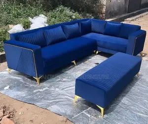 6 Seater L-Shaped Blue Velvet Sectional Sofa With Ottoman
