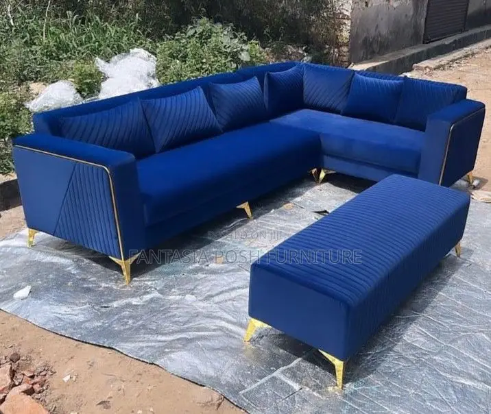 6 Seater L-Shaped Blue Velvet Sectional Sofa With Ottoman