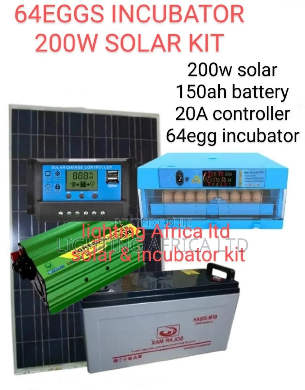 64 Eggs Mkulima Mdogo Incubator +200w Solar +150ah Battery + 10m Cable