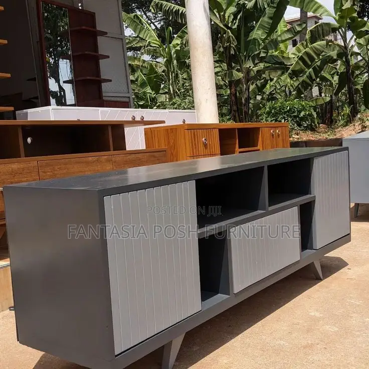 Tv Stand With Dark Gray With Ribbed Panel