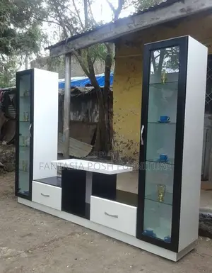 Black and White Tv Stand With Dual Glass Display Cabinets