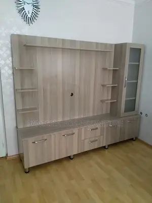 Beige Wood Tv Stand With Display Cabinet