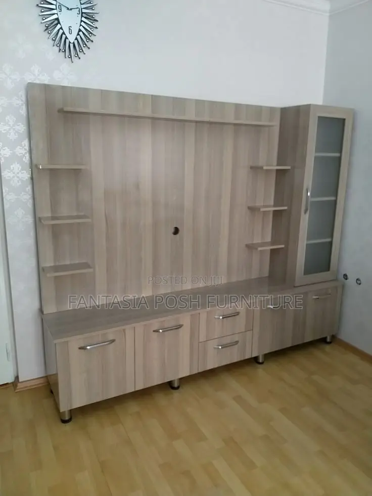 Beige Wood Tv Stand With Display Cabinet