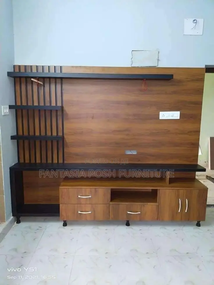 Black Tv Stand With Vertical Slatted Shelving