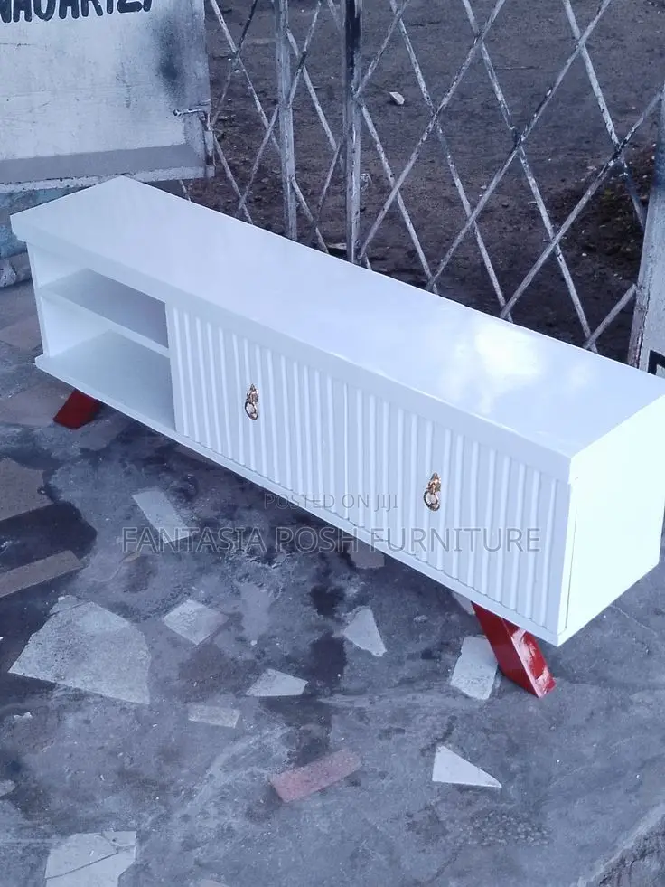 Tv Stand With Decorative Handles and Red Legs