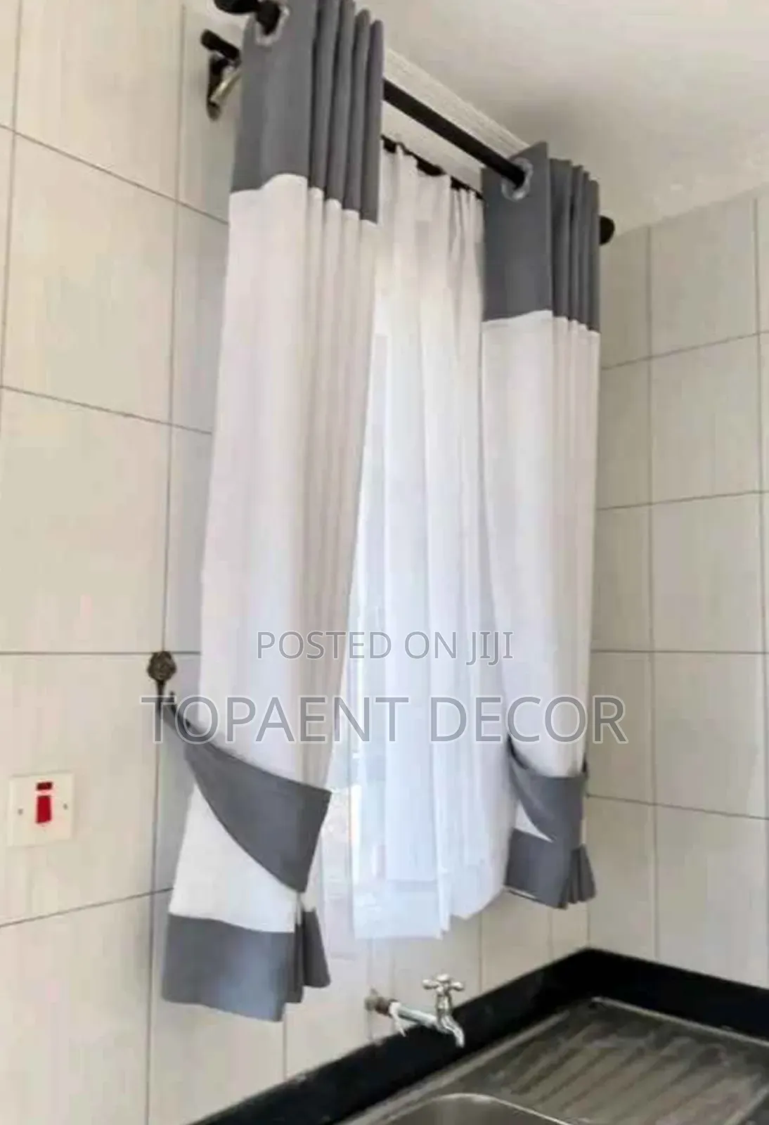 Grey Blended White Kitchen Eyelates Window Curtains