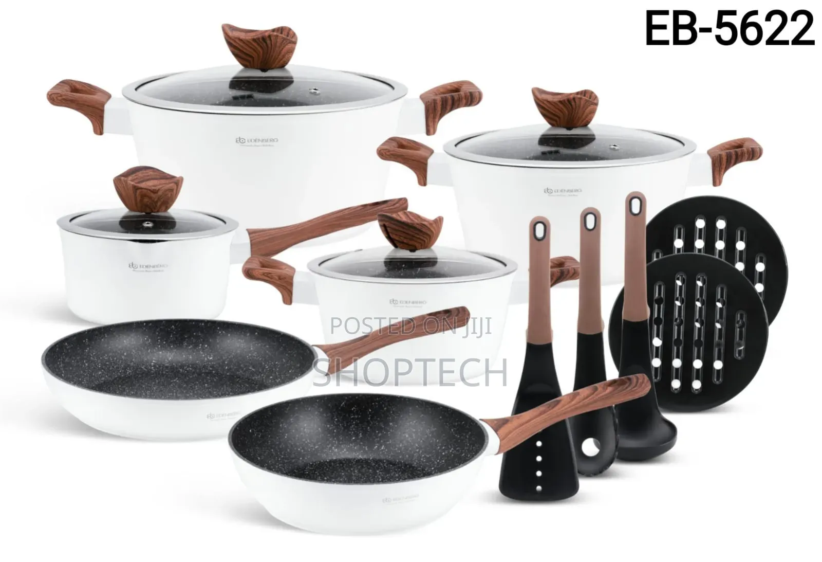 15 Pieces White With Wooden Handle Edenburg Cookware Pots