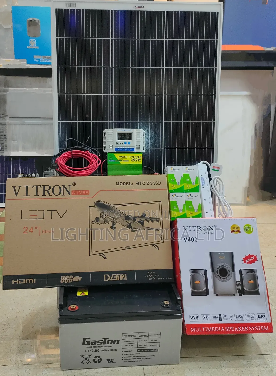 300 Watts Solar Package + 200ah Battery + 24" Tv + 2.1ch Woofer Sound