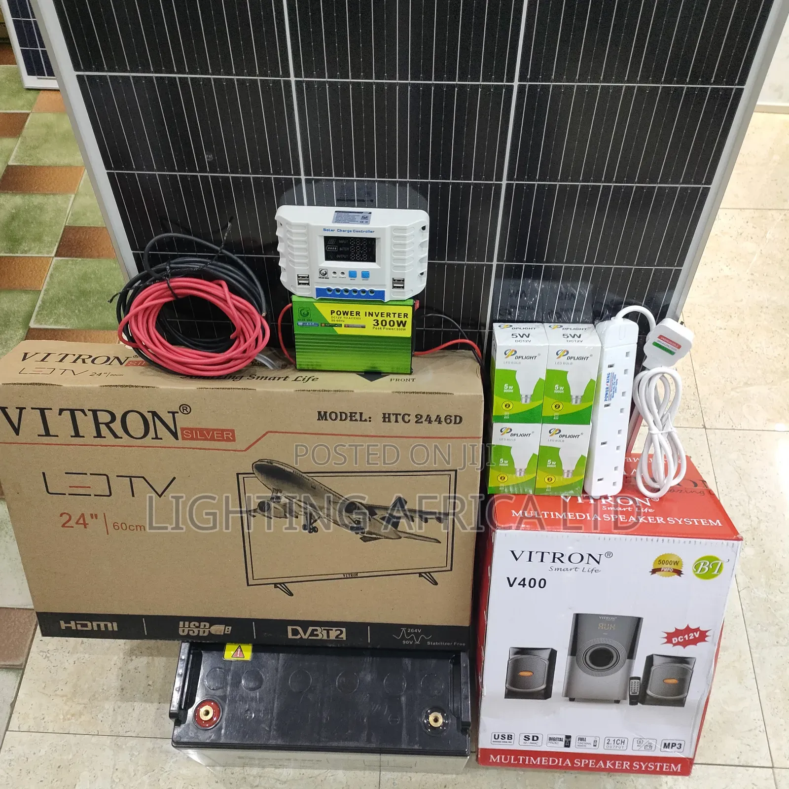 300 Watts Solar Package + 200ah Battery + 24" Tv + 2.1ch Woofer Sound