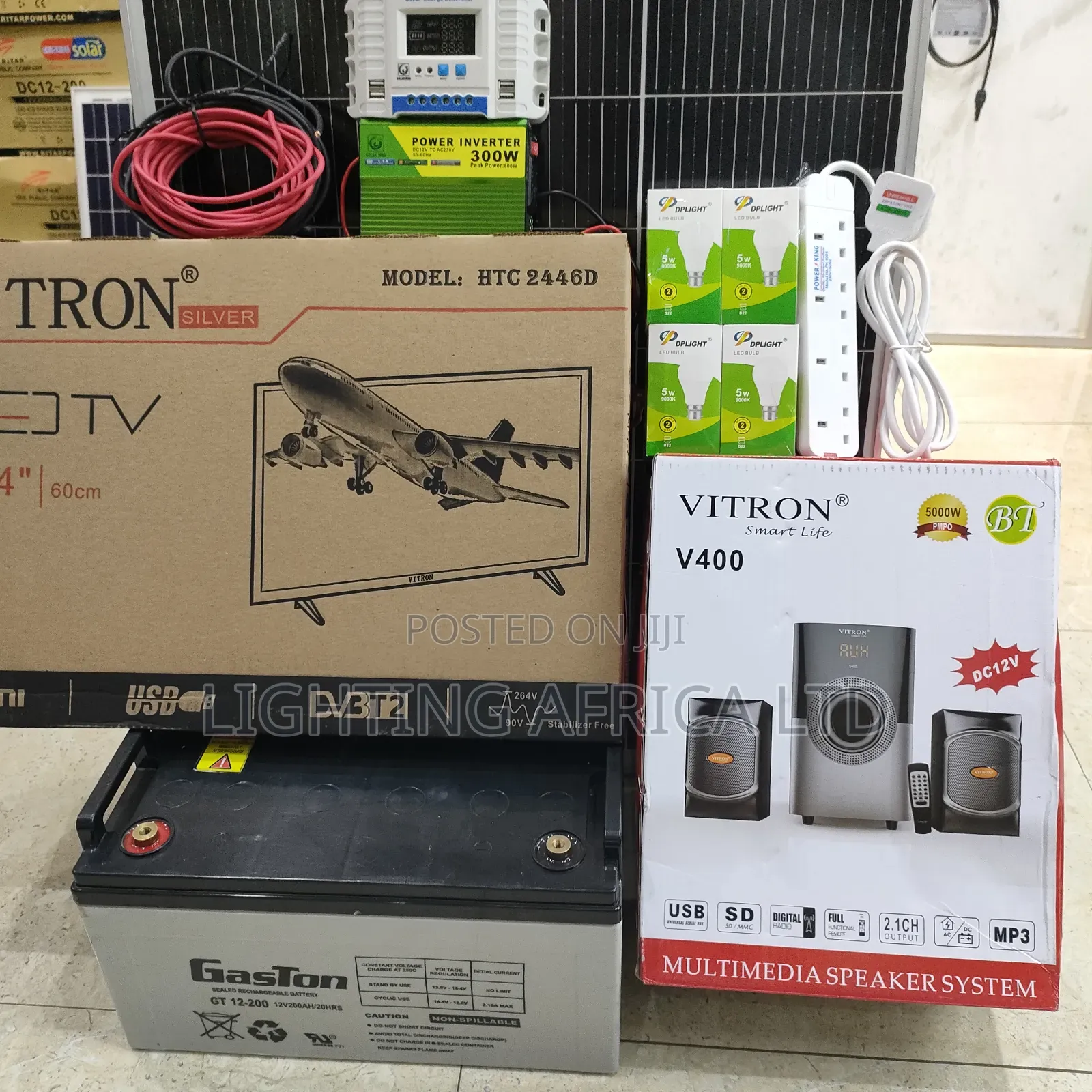 300 Watts Solar Package + 200ah Battery + 24" Tv + 2.1ch Woofer Sound