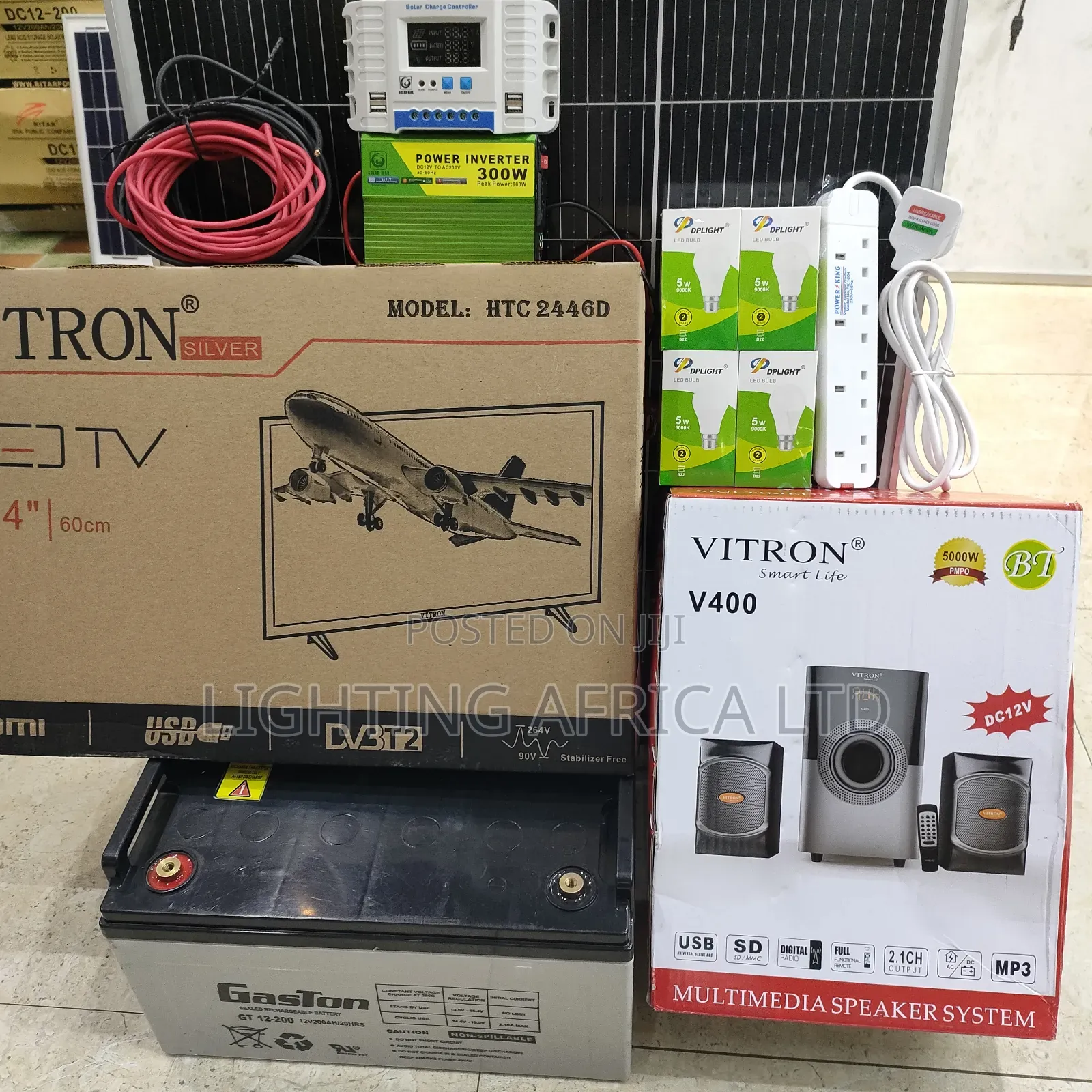 300 Watts Solar Package + 200ah Battery + 24" Tv + 2.1ch Woofer Sound