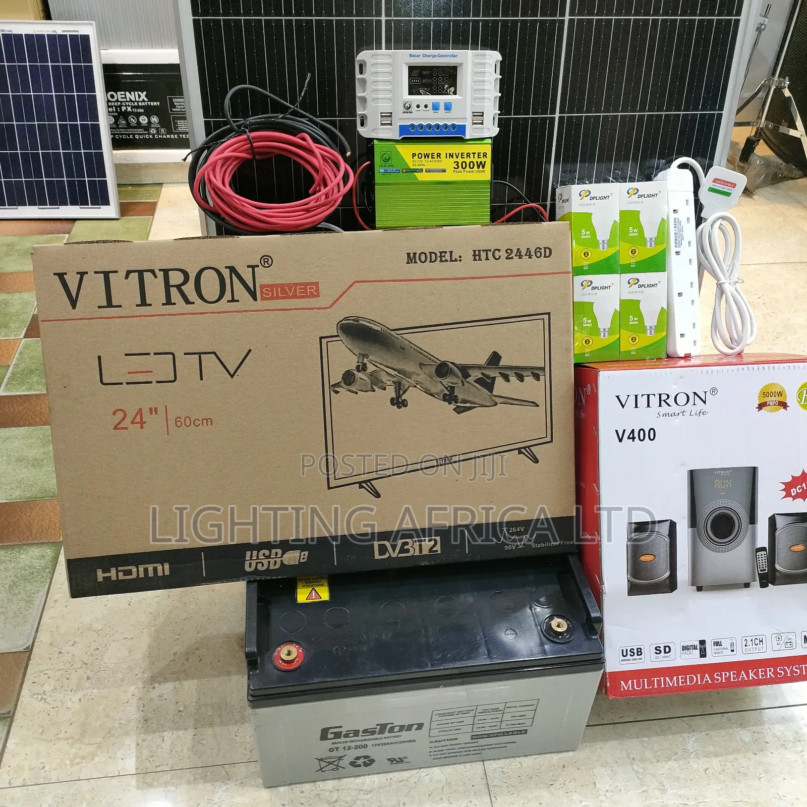 300 Watts Solar Package + 200ah Battery + 24" Tv + 2.1ch Woofer Sound