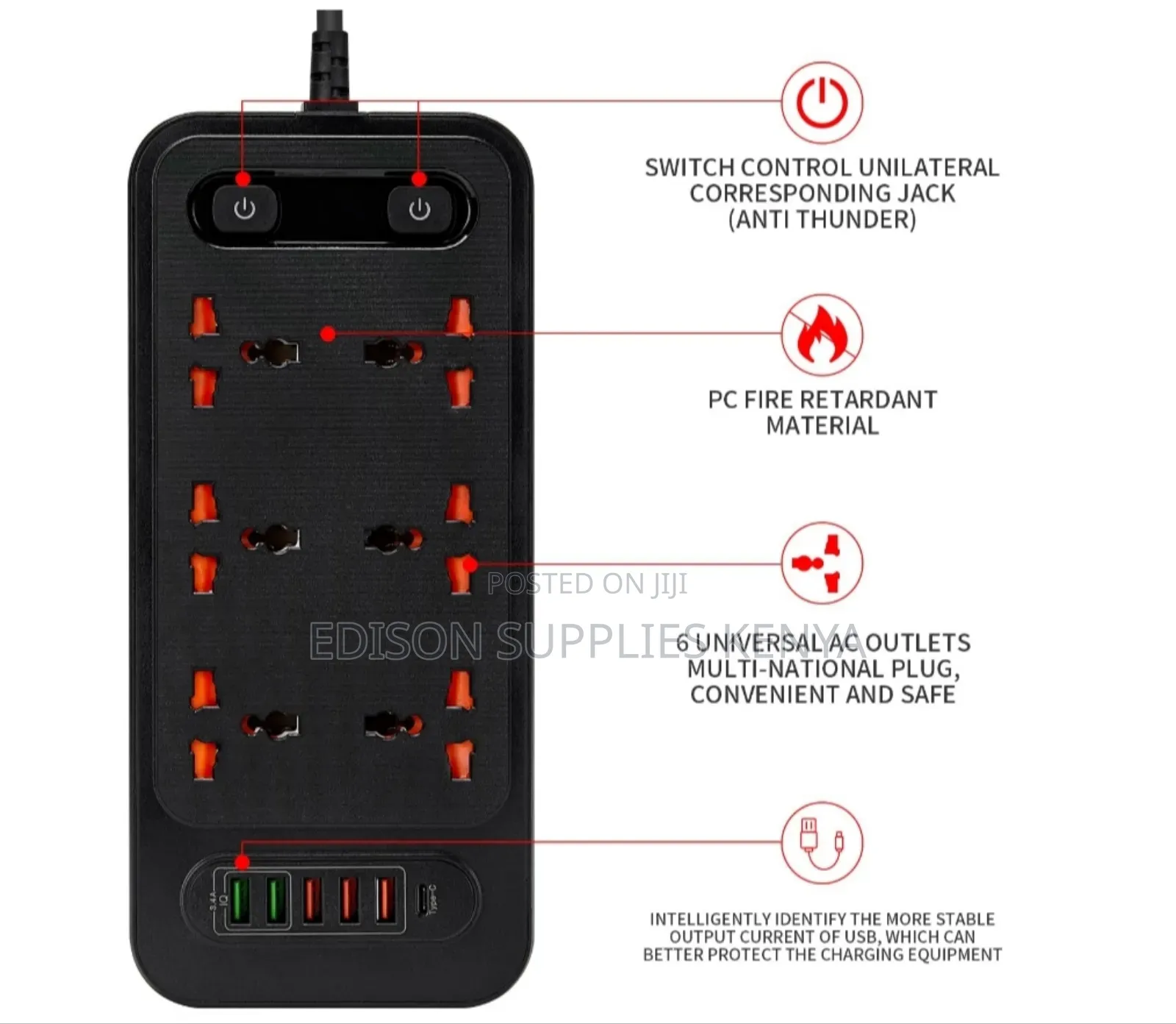 Winning Star Black Extension Cable 6 Way Multiplug 5 Usb + C