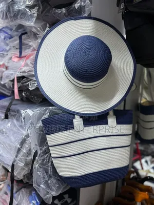 Navy Blue Women's Straw Bags With Similar Matching Hats