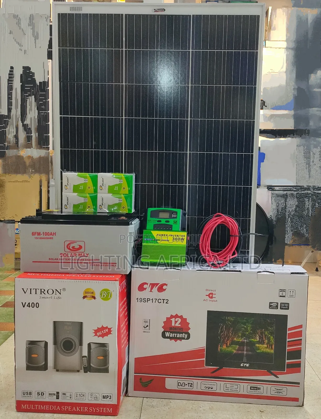 Kamata Offer 19" Tv + 150w Solar +100ah Battery+ 2.1 Sub Woofer System