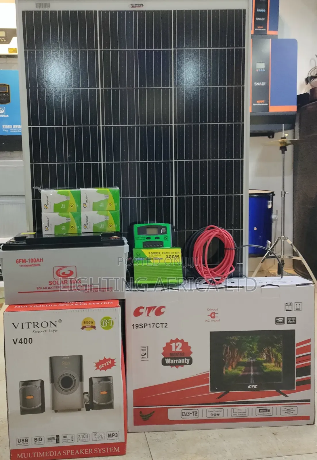 Kamata Offer 19" Tv + 150w Solar +100ah Battery+ 2.1 Sub Woofer System