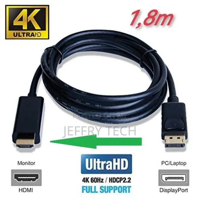 Cable Hdmi to Displayport Adapter Dp Male to Hdmi Male 1.8m