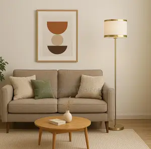 Straight White Gold Floor Lamp - Lampshade With Gold Rim
