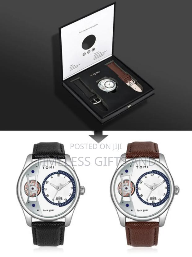Silver Face Tomi Gear Men Leather Watch 2 Straps