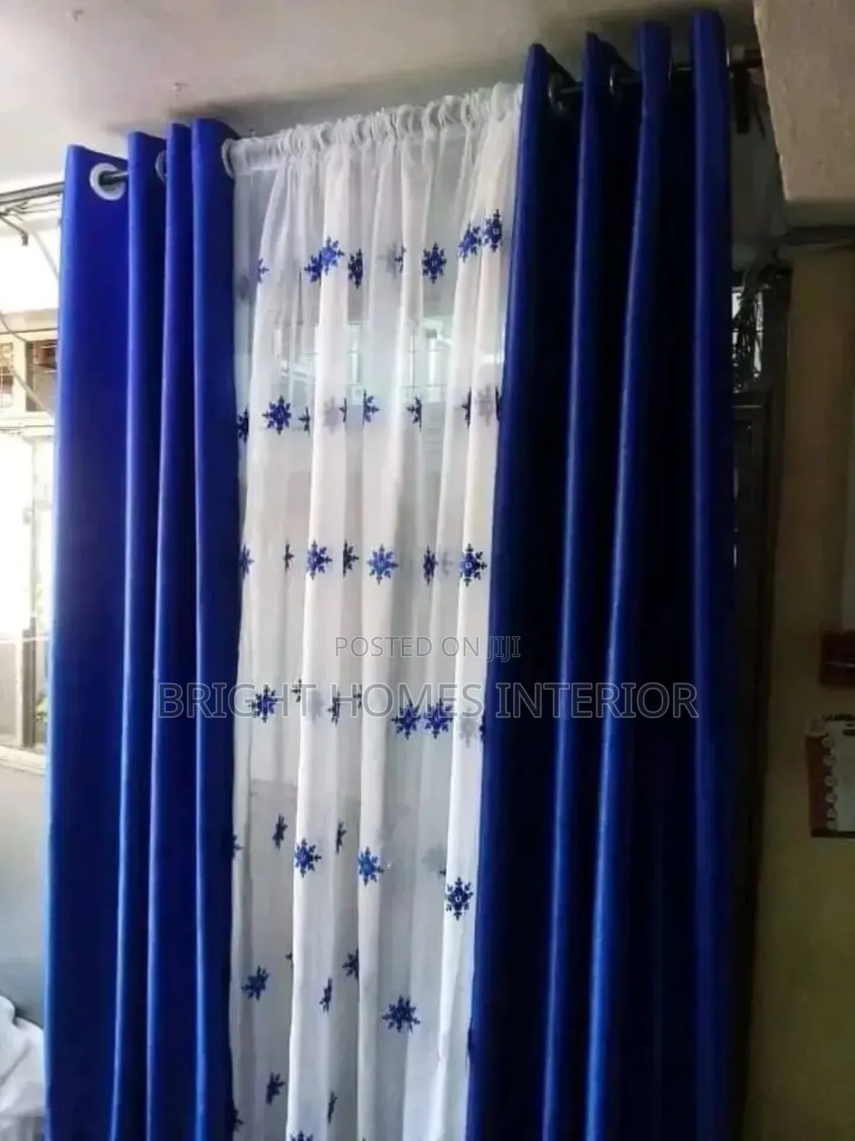 Royal Blue Stitched Curtain and Matching Sheers Available