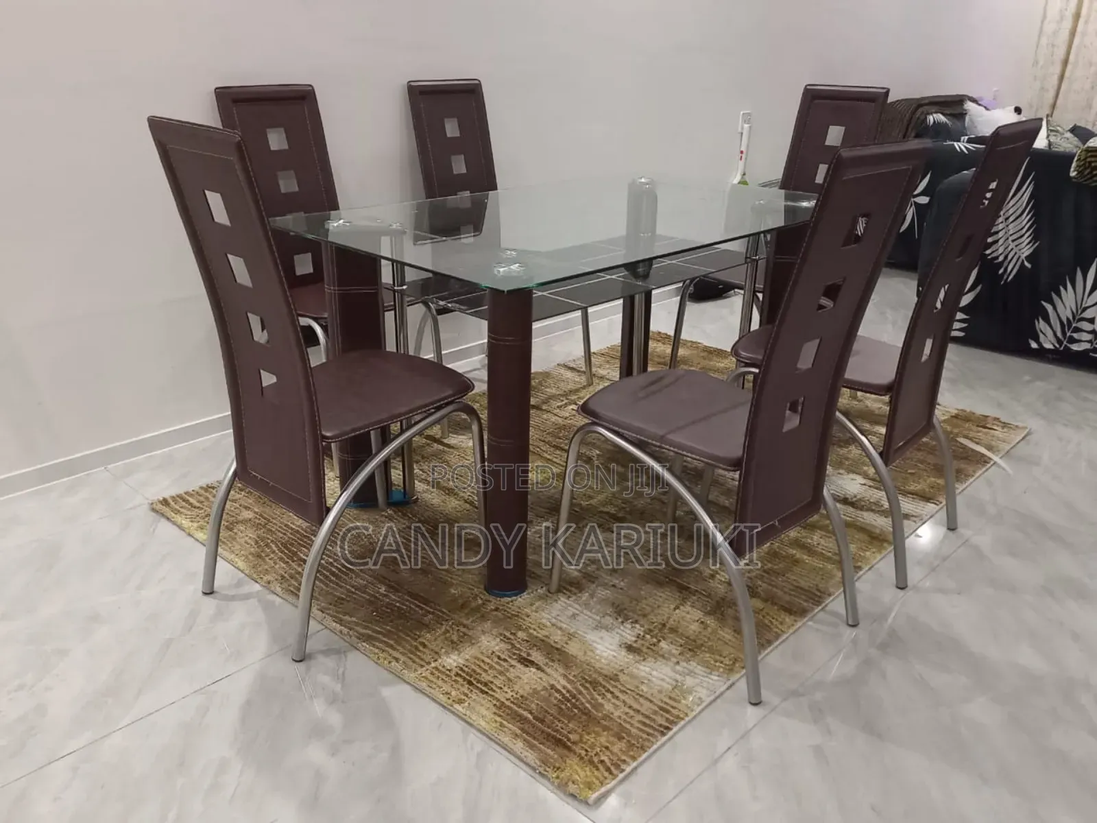 Brown Glass Top 6 Seater Dining Table Set