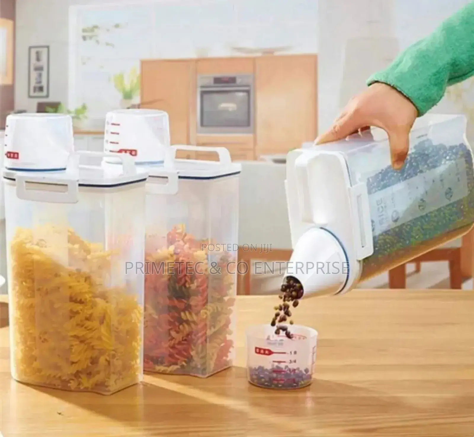 Cereal Storage Container With a Measuring Cup and a Handle