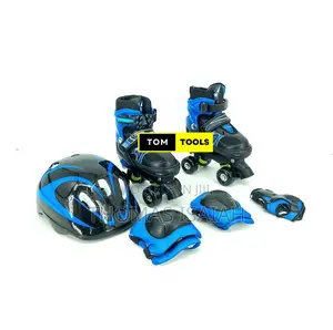 Blue Size 28 to 31 Adjustable Quad Skates and Safety Gear