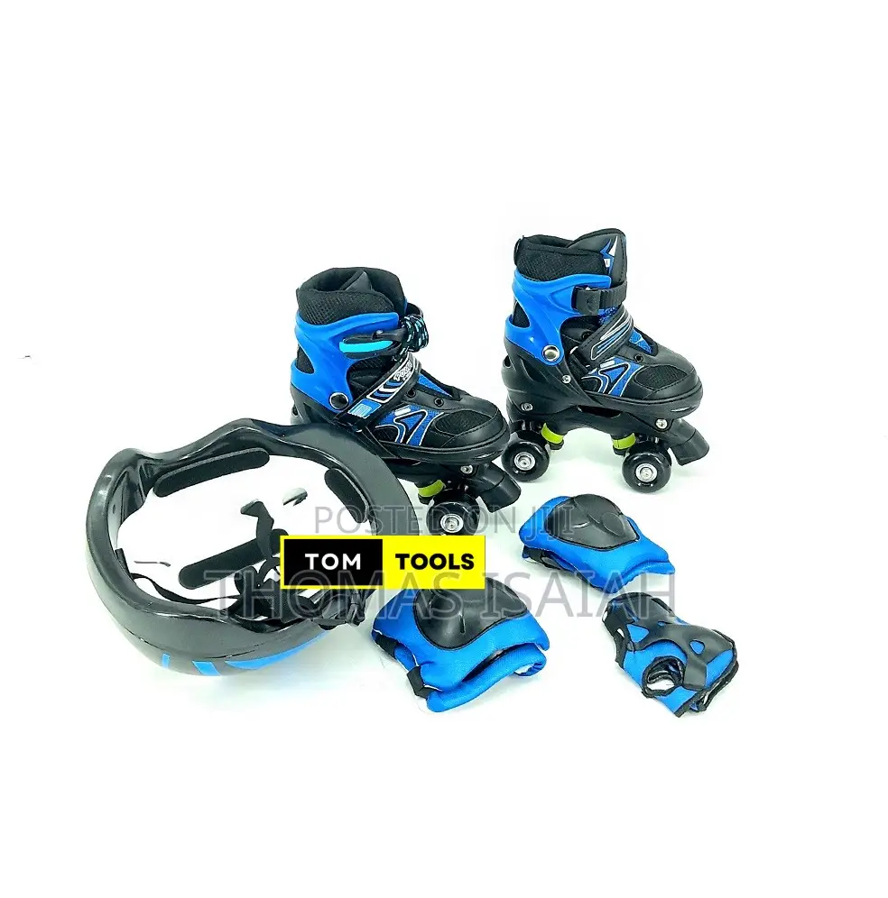 Blue Size 28 to 31 Adjustable Quad Skates and Safety Gear
