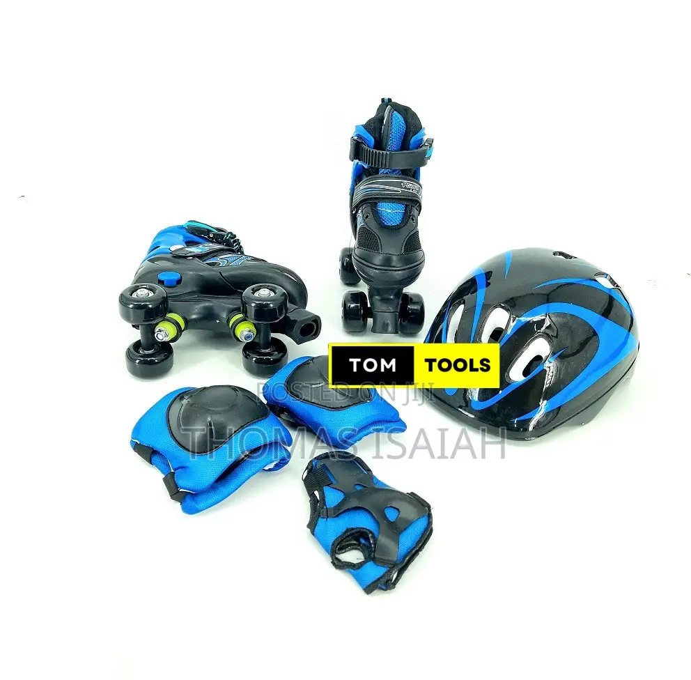 Blue Size 28 to 31 Adjustable Quad Skates and Safety Gear