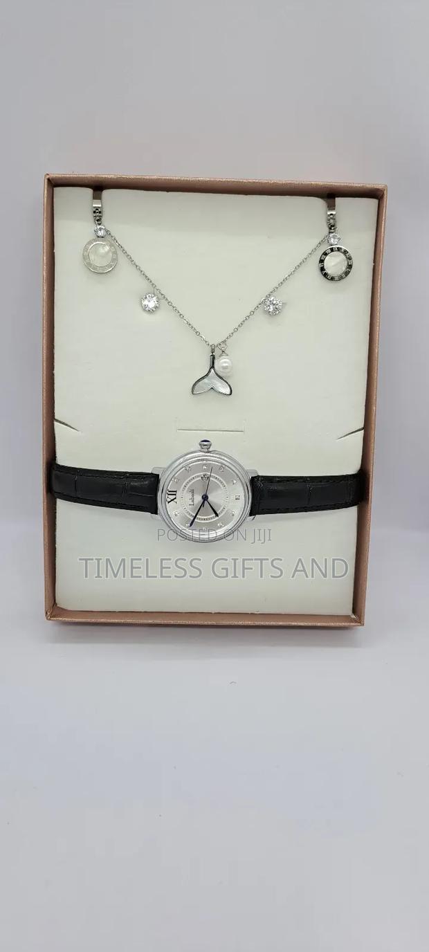 Ladies Black Leather Watch and Silver Jewelry Gift Package