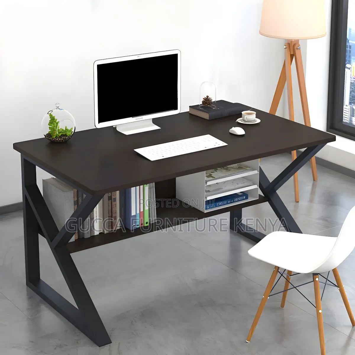 Office Desk: Industrial Curved Computer Desk With Storage