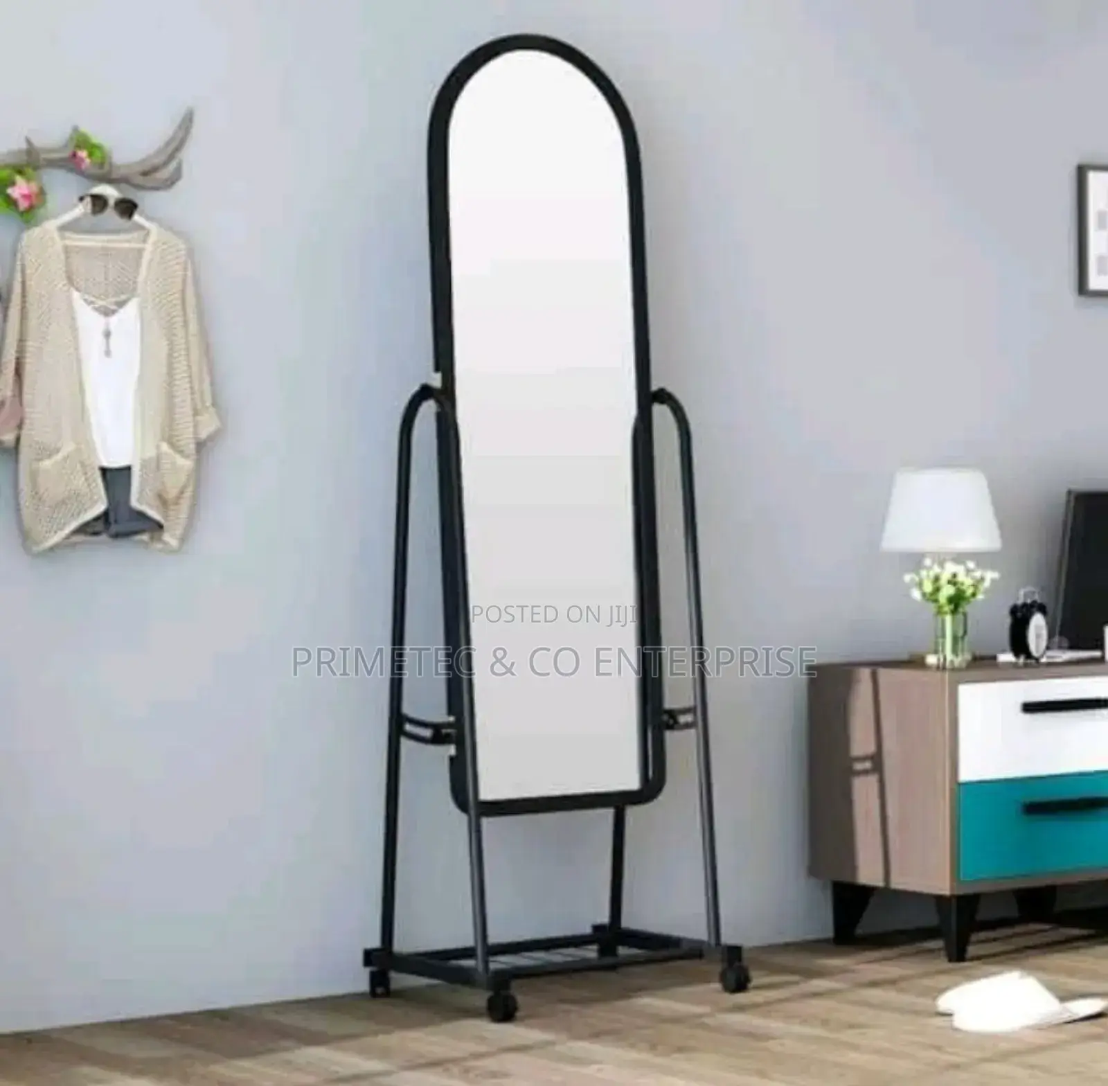 Black Full Length Dressing Mirror With Wheels and Rack