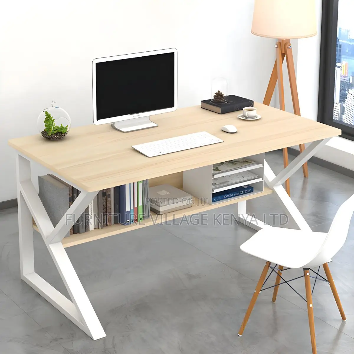 Office Desk: Steel-Framed Office Desk With Storage Shelf