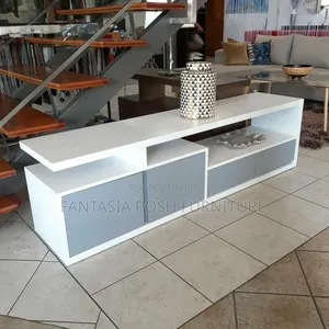 Stylish White Tv Stand With Grey Accent Doors