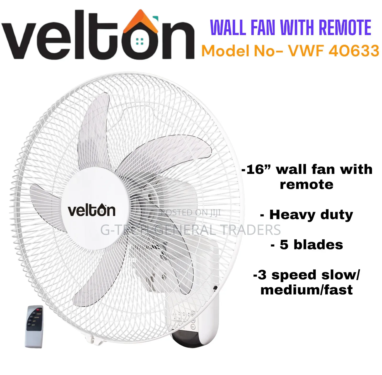 Velton 16inch Heavy Duty 5 Blade Wall Fan With Remote