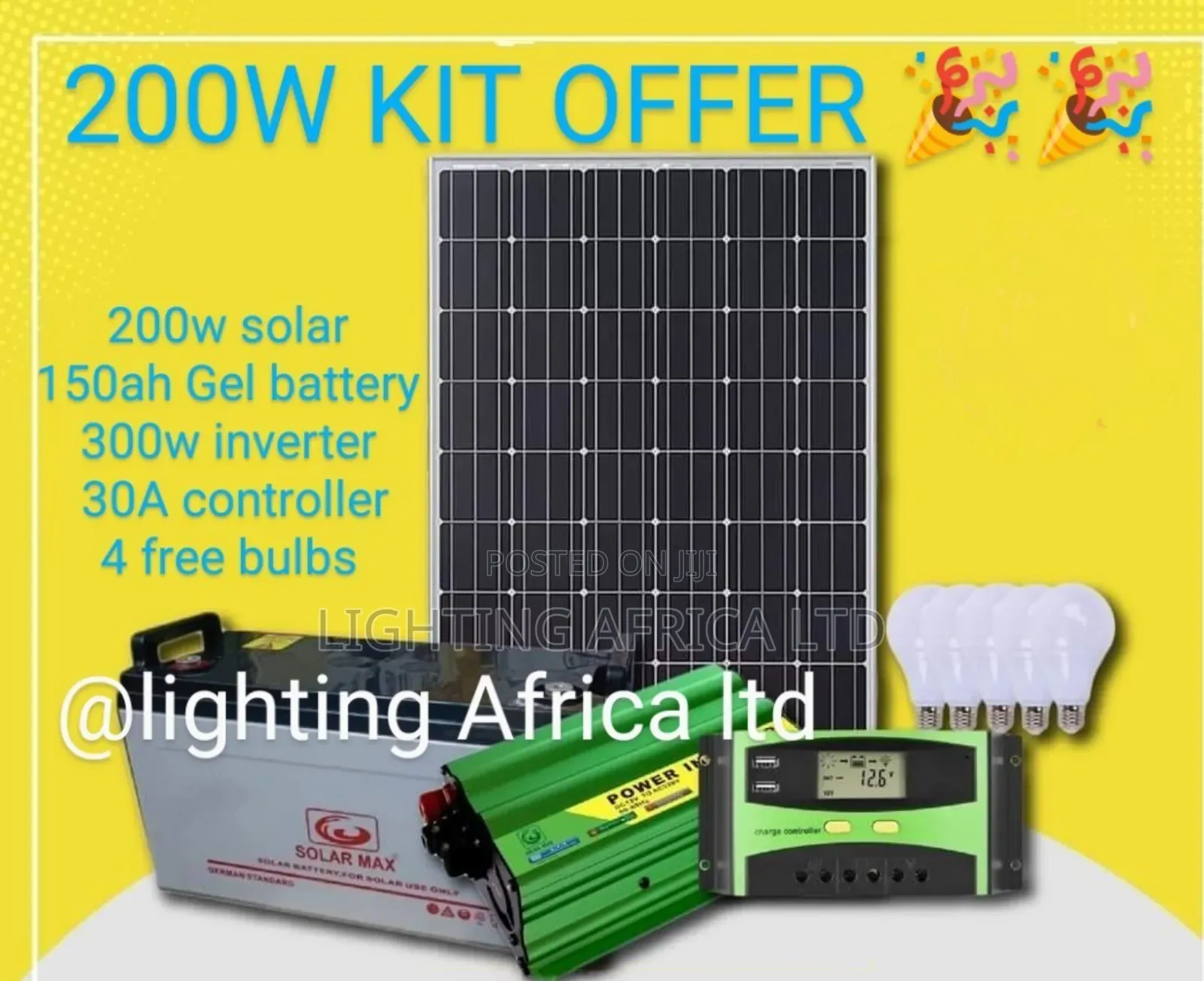 200 Watts Solar - 150ah Battery - 300w Inverter - 4 Free Dc Bulbs