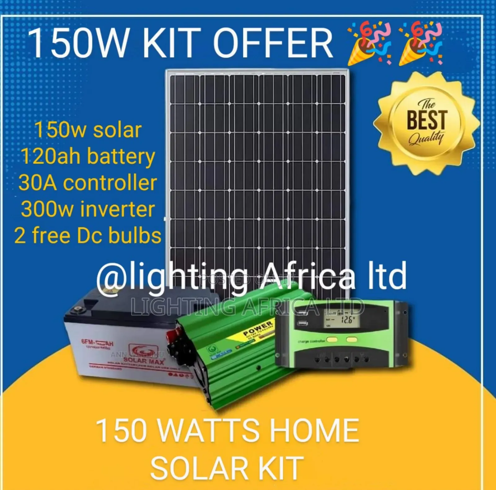 150 Watts Solar - 120ah Battery - 300w Inverter Full Package