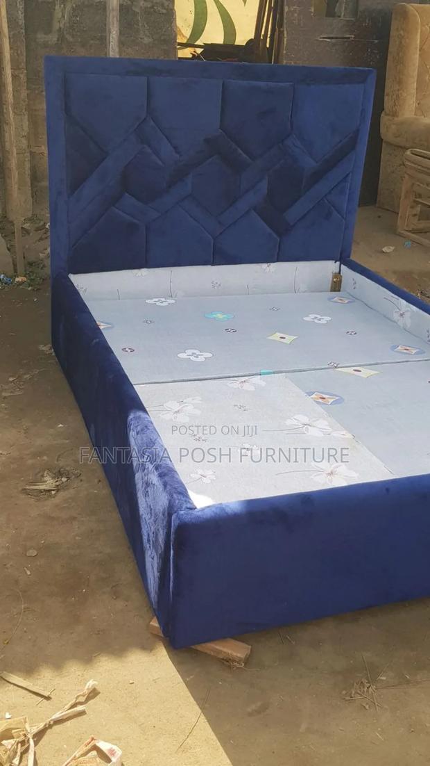 5x6 Blue Fabric Bed With Geometric Headboard Design - main view