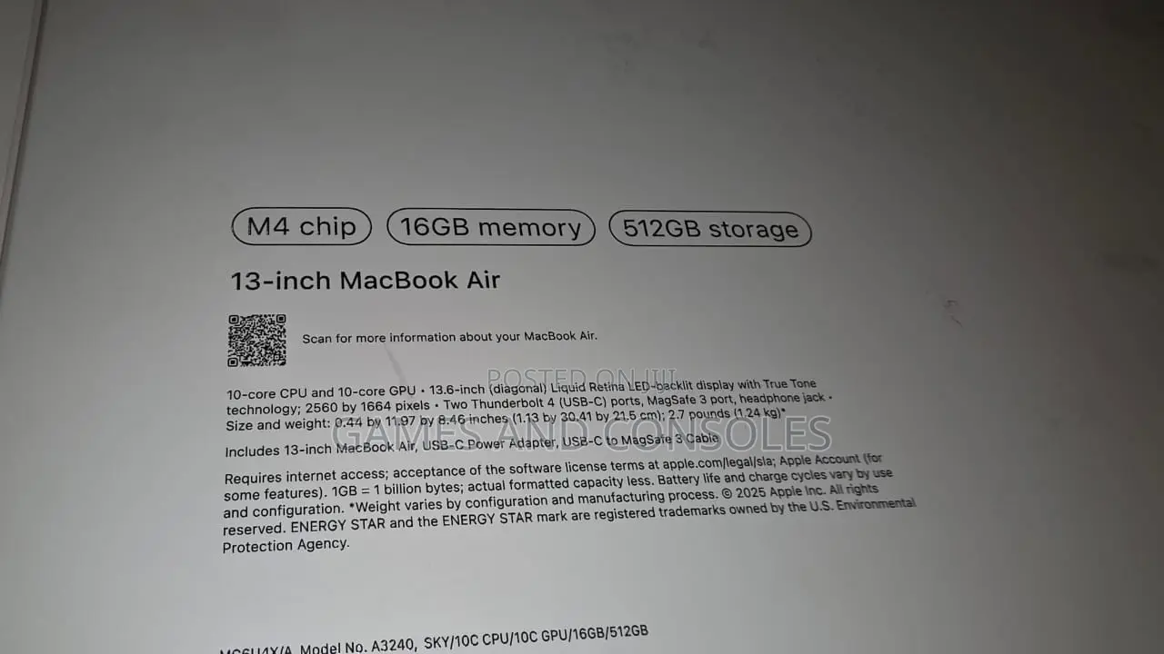 New Laptop Apple MacBook Air 16GB Apple M4 SSD 512GB