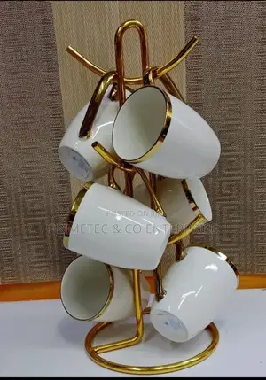 6pc White Mugs/ Cups With Gold Rim