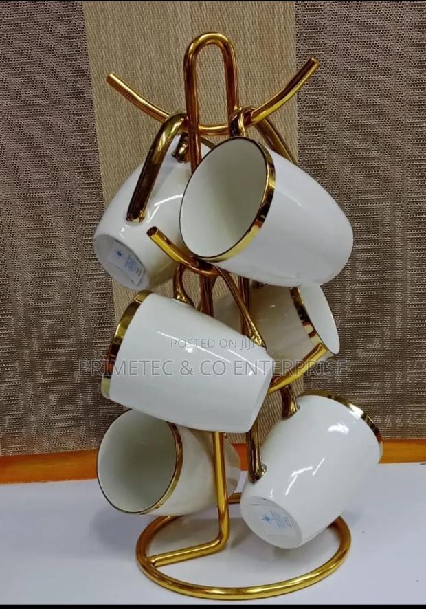 6pc White Mugs/ Cups With Gold Rim