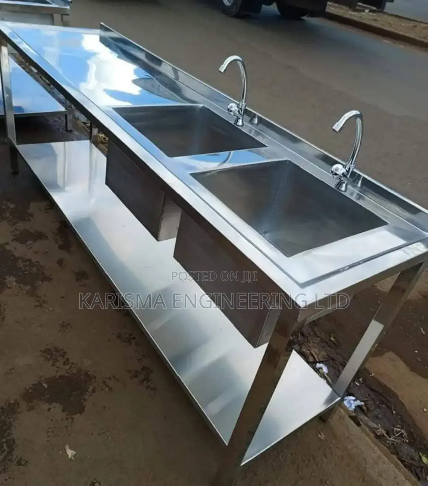 Stainless Steel Double Sink, Two Taps and an Undershelf