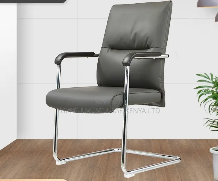 Office Chair: Gray Pu Leather Fixed Guest Lounge Chair