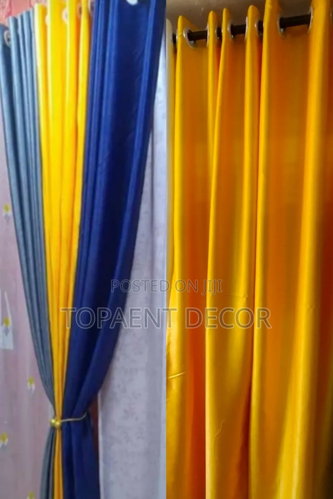 Yellow Blue and Grey Nicely Stitched Window Curtains