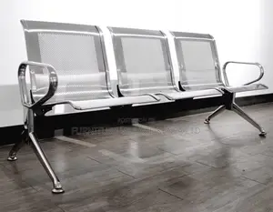Office Bench:3-Seat Silver Non-Padded Waiting Office Bench