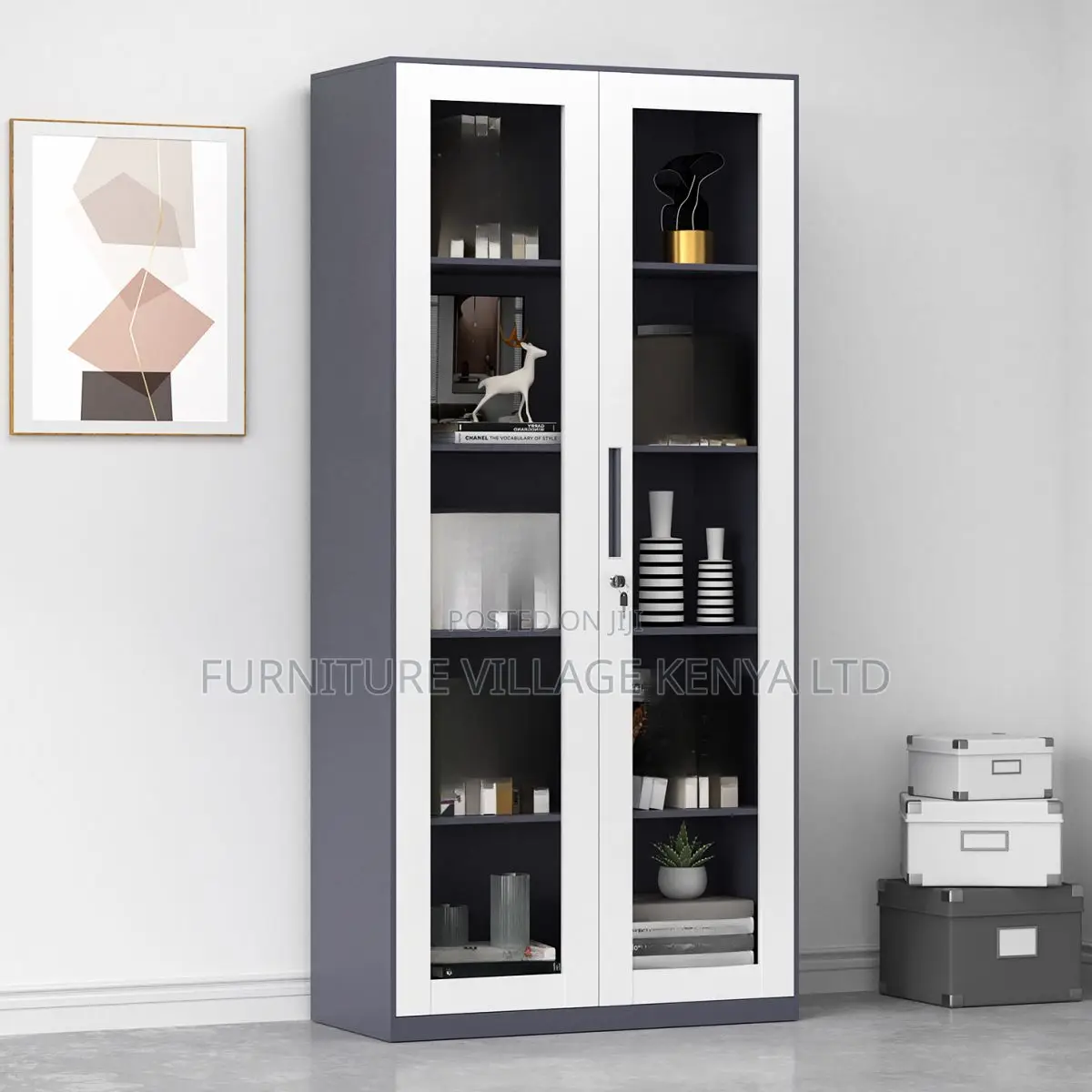 Cabinets: Sleek Glass Door Storage Metallic Frame Cabinet