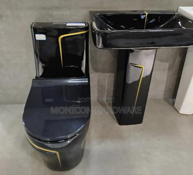 Water Closet Set and Sink-Black and Gold