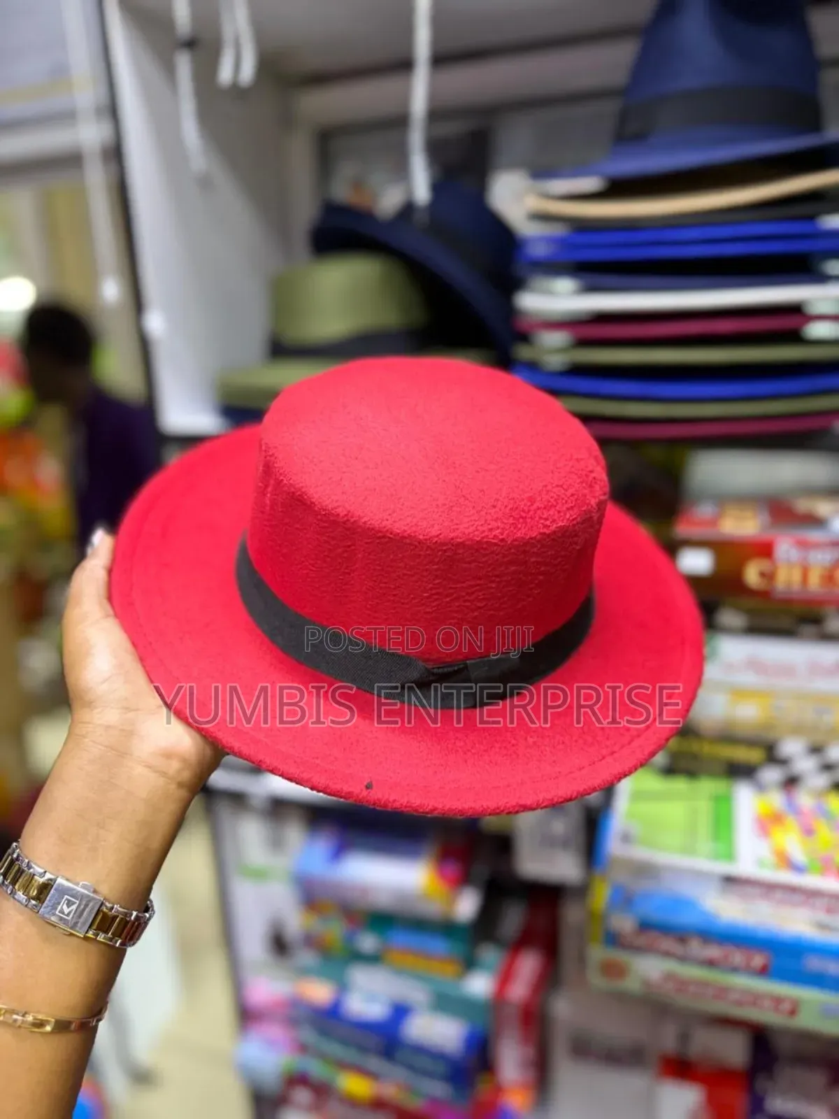 Red Colors Fedora Hats With a Round Top
